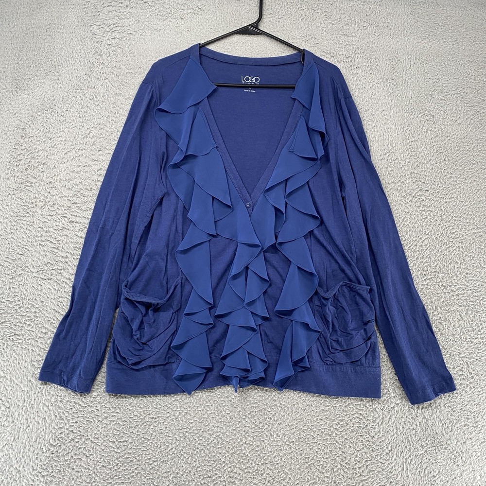 LOGO Lori Goldstein Ruffle Blouse Top Womens Large Blue Jersey Long Sleeve